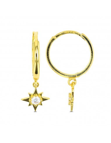 14KT Yellow Gold 2.5MM Hoop Earrings with Dangling Star de pas cher