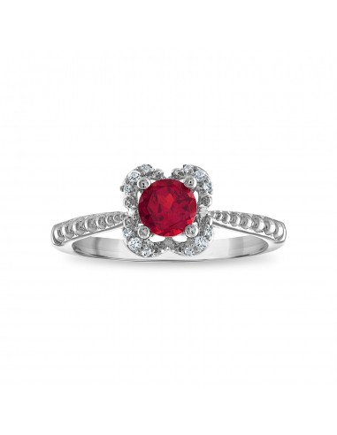 5MM Round Ruby and White Sapphire Birthstone Flower Halo Ring in Sterling Silver la colonne vertébrale