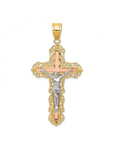 14KT Gold Tri-Color 50X25MM Diamond-cut Crucifix Cross Pendant. Chain Not Included en linge