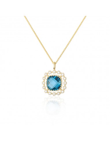 14K Solid Gold London Blue Topaz and Diamond Pendant Necklace français