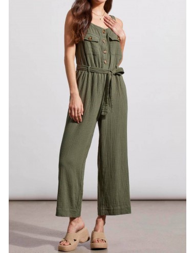 Button Front Jumpsuit with Sash and Pockets - Fern votre