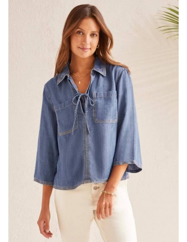 Elbow Sleeve Pop-Over Blouse with Lace-Up - Chambray commande en ligne